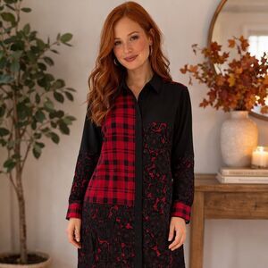 DKNY Plaid Lace Shirt Dress Womens P Red Black Patchwork Silk Blend